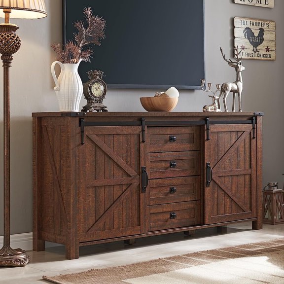 OKD 60" Farmhouse TV Stands Dresser, Modern Chest Organizer with 4 Drawers for Bedroom,Living Room,Reclaimed Barnwood