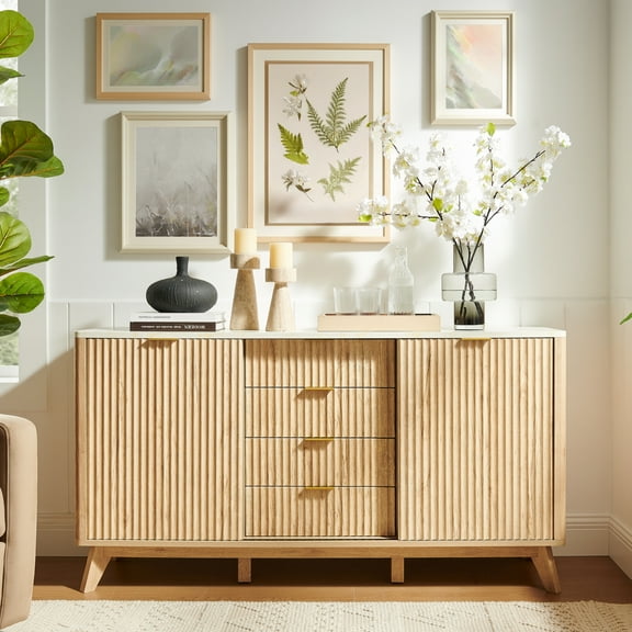 OKD 60" Fluted Wood Dresser with Sliding Doors and 4 Drawers, Modern Chest with Faux Marble Top, Chest of Drawers for Bedroom, Living Room, Natural Oak