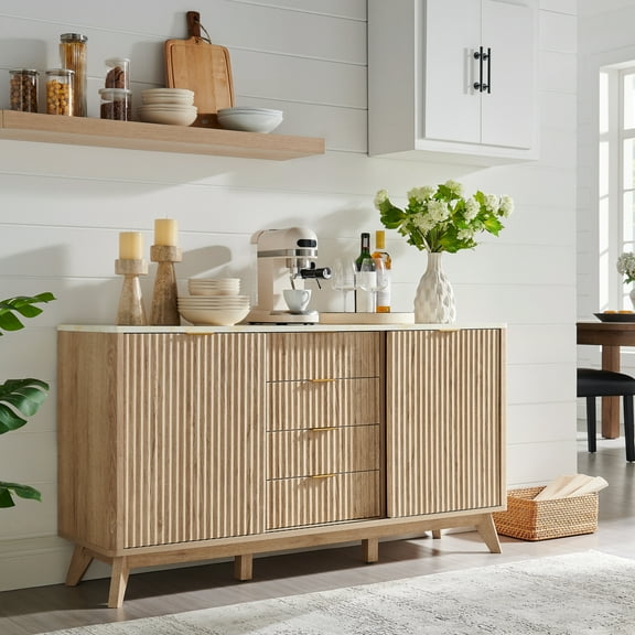 OKD Fluted Sideboard Buffet Cabinet with Sliding Doors and 4 Drawers, Modern 60" Wide Coffee Bar Table, Faux Marble Top, Storage Console for Dining Room and Living Room, Natural Oak