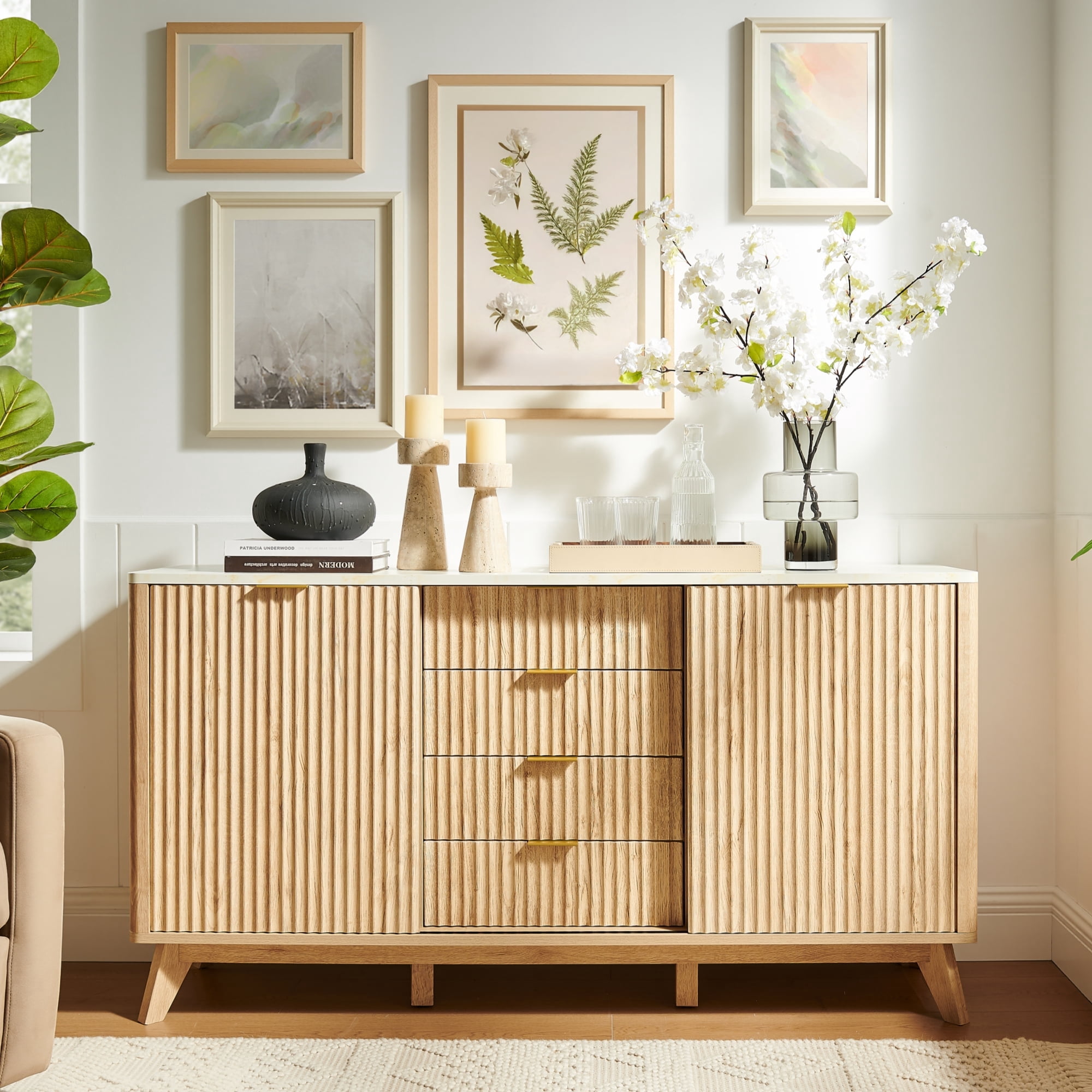 OKD 60" Fluted Wood Dresser with Sliding Doors and 4 Drawers, Modern Chest with Faux Marble Top, Chest of Drawers for Bedroom, Living Room, Natural Oak