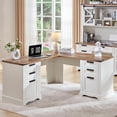 thumbnail image 1 of OKD 60" Farmhouse L Shaped Executive Desk with Storage Drawers, Wood Home Office Desk with File Cabinet & Charging Station, Antique White, 1 of 8
