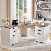 OKD 60 Farmhouse L Shaped Executive Desk with Storage Drawers, Wood Home Office Desk with File Cabinet & Charging Station, Antique White