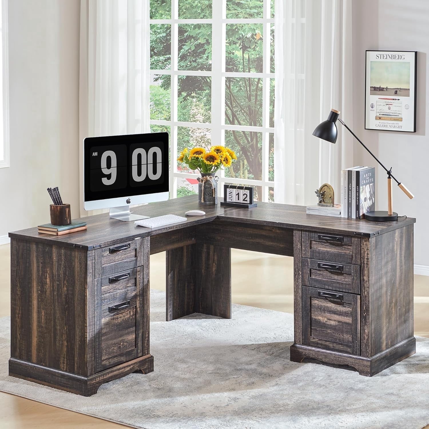 OKD 60" Farmhouse L Shaped Executive Desk with Storage Drawers, Wood Home Office Desk with File Cabinet & Charging Station, Dark Rustic Oak