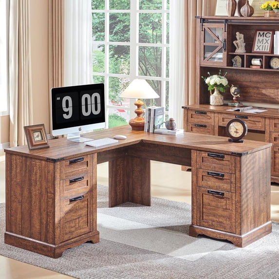 OKD 60" Farmhouse L Shaped Executive Desk with Storage Drawers, Wood Home Office Desk with File Cabinet & Charging Station, Reclaimed Barnwood
