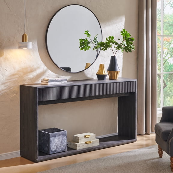 OKD 63 Inch Fluted Long Console Table for Entryway, Modern Entryway Table with 2 Large Drawers,Farmhouse Sofa Table Behind Couch for Living Room, Hallway, Dark Alder