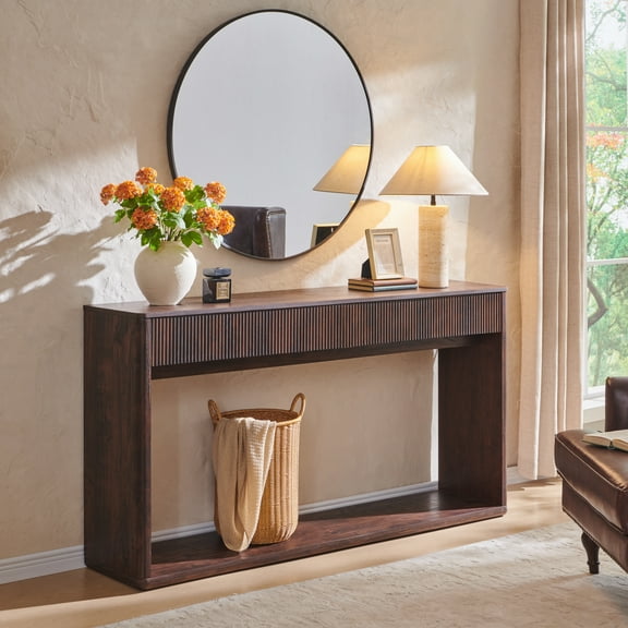 OKD 63 Inch Fluted Long Console Table for Entryway, Modern Entryway Table with 2 Large Drawers,Farmhouse Sofa Table Behind Couch for Living Room, Hallway, Dark Walnut