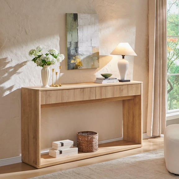 OKD 63 Inch Fluted Long Console Table for Entryway, Modern Entryway Table with 2 Large Drawers,Farmhouse Sofa Table Behind Couch for Living Room, Hallway, Natural Oak