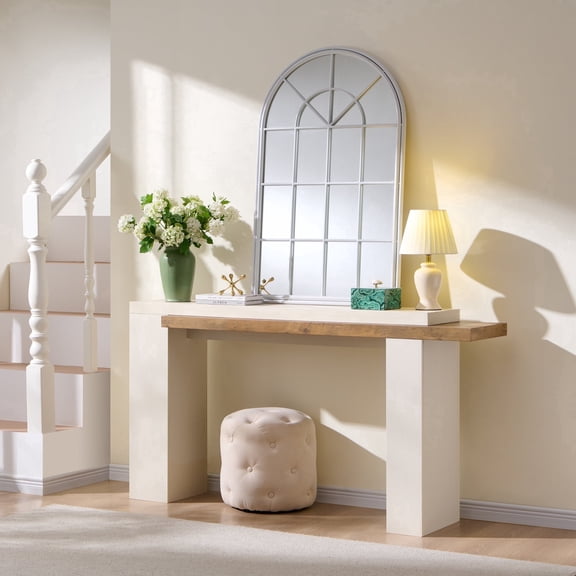 OKD 63 Inch Long Console Table, Wooden Modern Entryway Table with Open Storage for Entrance/Hallway/Living Room, Antique White