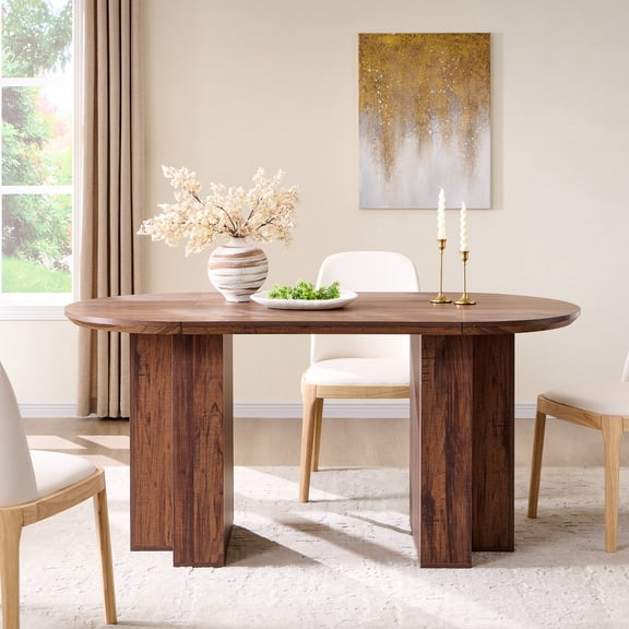OKD 63”Oval Dining Table for 4–6, Wood Grain Dining Room Table with T-Base Support & Curved Edge , Modern Farmhouse Dinner Tables for Dining Room, Kitchen, Living Room, Rustic Walnut