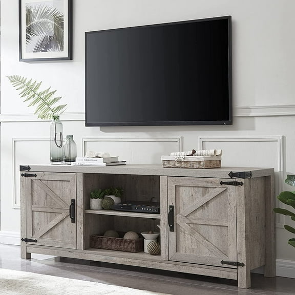OKD 66-inch Farmhouse TV Stand Entertainment Center for 75 inches TV, Rustic Wood Media Console with Storage Shelf, Grey Wash