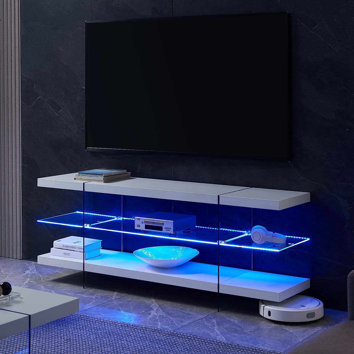 OKD 66'' TV Stand for TVs up to 75" with Open Glass Shelves Remote LED