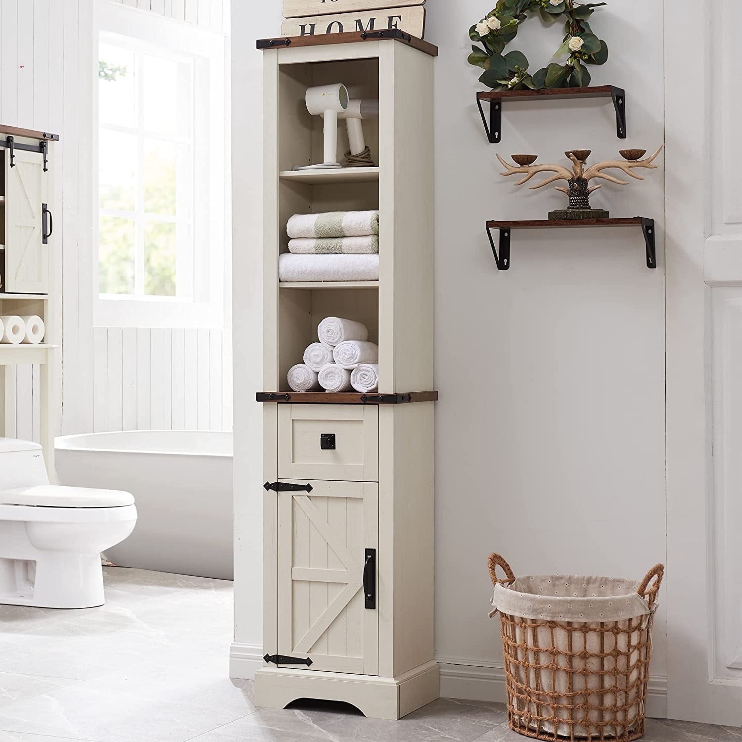 OKD Freestanding Bathroom Storage Cabinet, Farmhouse 69" Tall Narrow Cabinet with Adjustable Shelves and Metal Handle, Rustic Oak with Antique White