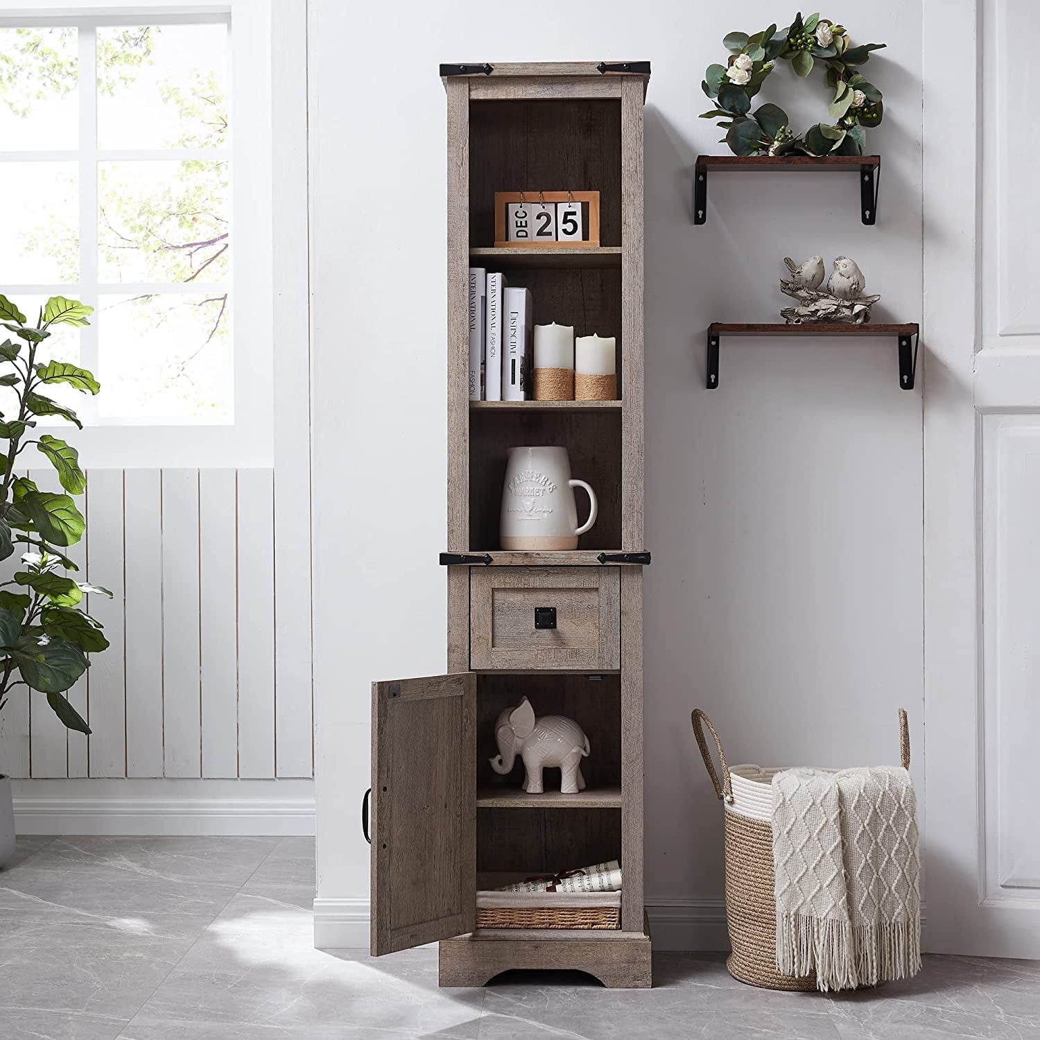 OKD Freestanding Bathroom Storage Cabinet, Farmhouse 69" Tall Narrow Cabinet with Adjustable Shelves and Metal Handle, Light Rustic Oak