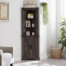 OKD 68" Tall Farmhouse Corner Cabinet with 2 Doors & Adjustable Storage Shelves for Living Room Home Office, Dark Rustic Oak