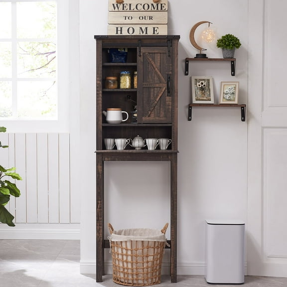 OKD 68In Farmhouse Over The Toilet Storage Cabinet with Sliding Bathroom Organizers and Storage Barn Door & Adjustable Shelves, Dark Rustic Oak
