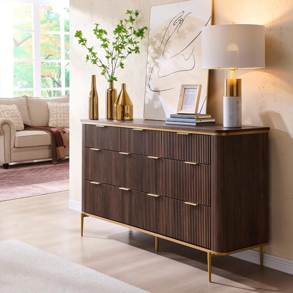 OKD 7 Drawers Dresser for Bedroom, Luxury Style Modern Dresser TV Stand with Fluted Fronts, Wood Storage Large Dressers Organizer for Bedroom Living Room, Dark Walnut