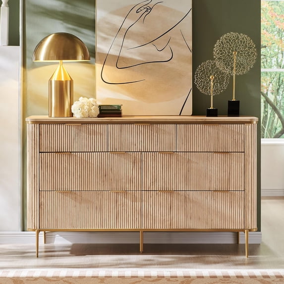 OKD 7 Drawers Dresser for Bedroom, Luxury Style Modern Dresser TV Stand with Fluted Fronts, Wood Storage Large Dressers Organizer for Bedroom Living Room, Natural Oak