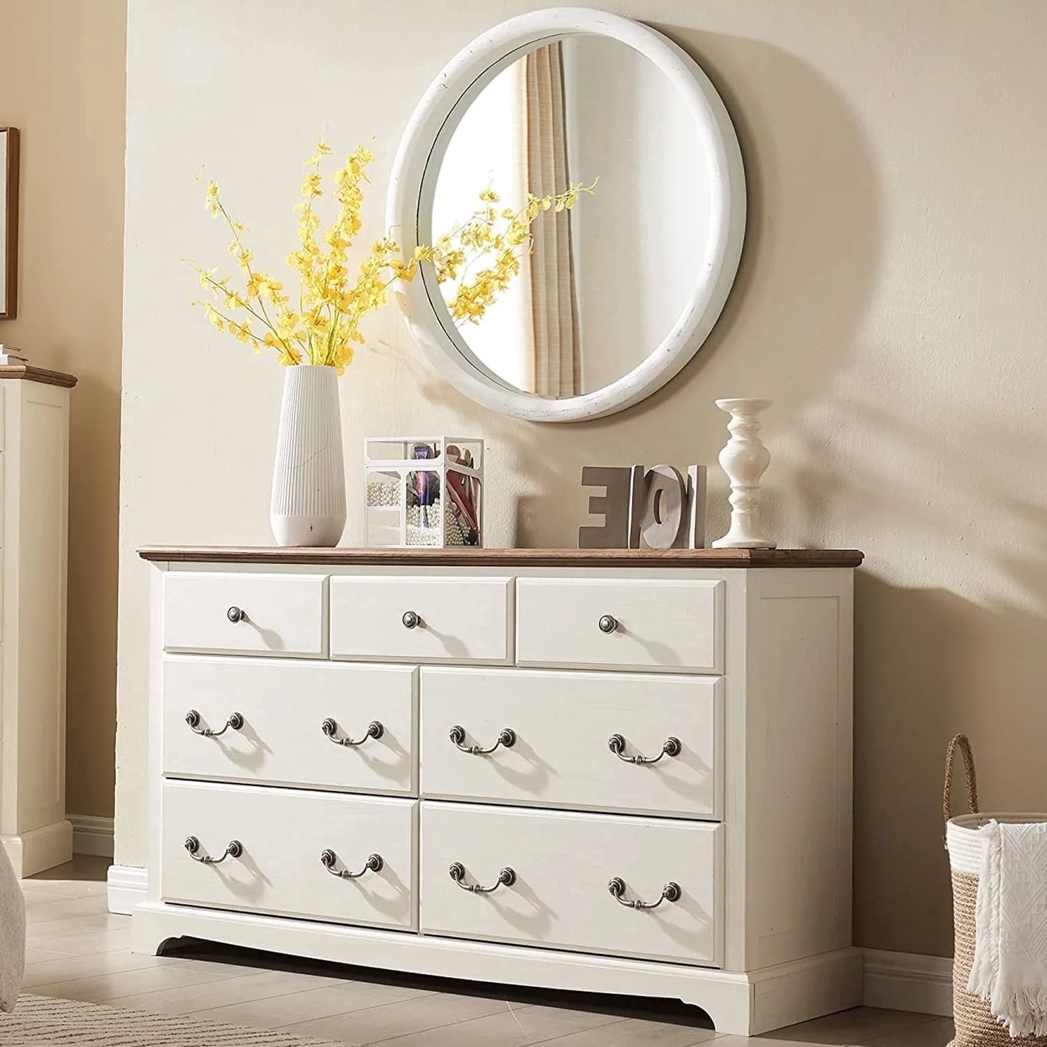 Okd 7 Drawers Dresser for Bedroom, Farmhouse Wooden Wide Chest of Drawers, Closet Clothes Storage Organizer for Bedroom, Living Room, Antique White