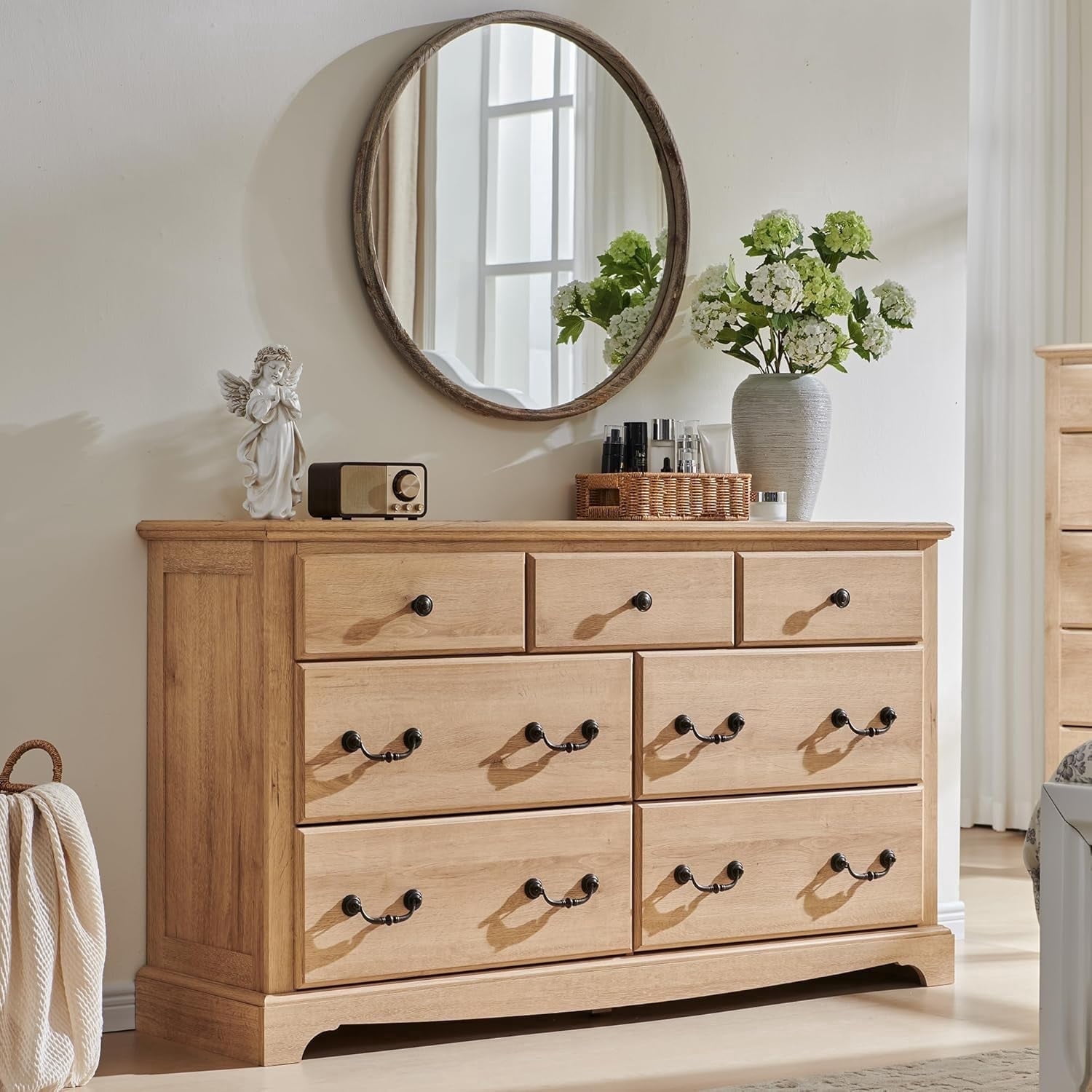 OKD 7 Drawers Dresser for Bedroom, Farmhouse Wooden Wide Chest of Drawers, Closet Clothes Storage Organizer for Bedroom, Living Room, Natural Oak - Walmart.com
