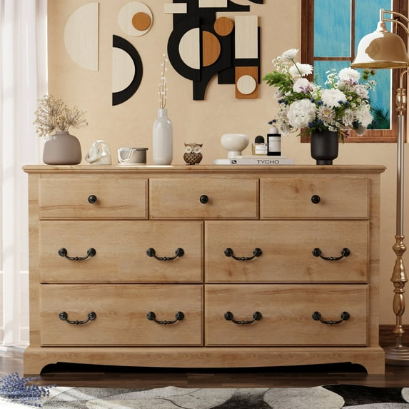 OKD 7-Drawers Farmhouse Dresser 54" Wide Modern Rustic Wood Chest of Drawers Closet Storage Organizers for Bedroom Living Room Hallway, Reclaimed Barnwood