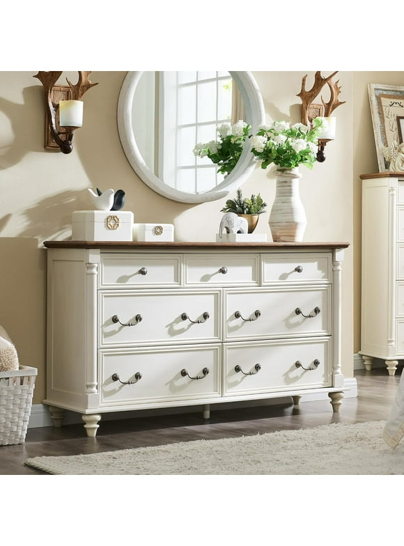 OKD 7 Farmhouse Drawers Dresser Chest for Bedroom ,Chests With Solid Wood Feet and Wood Chest of  Drawers,Storage Organizer for Kids and Adult,Antique White