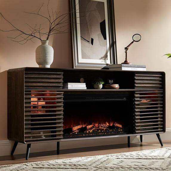 OKD 70" Fireplace TV Stand for TVs up to 80" , Entertainment Center with 36" Electric Fireplace, Dark Walnut