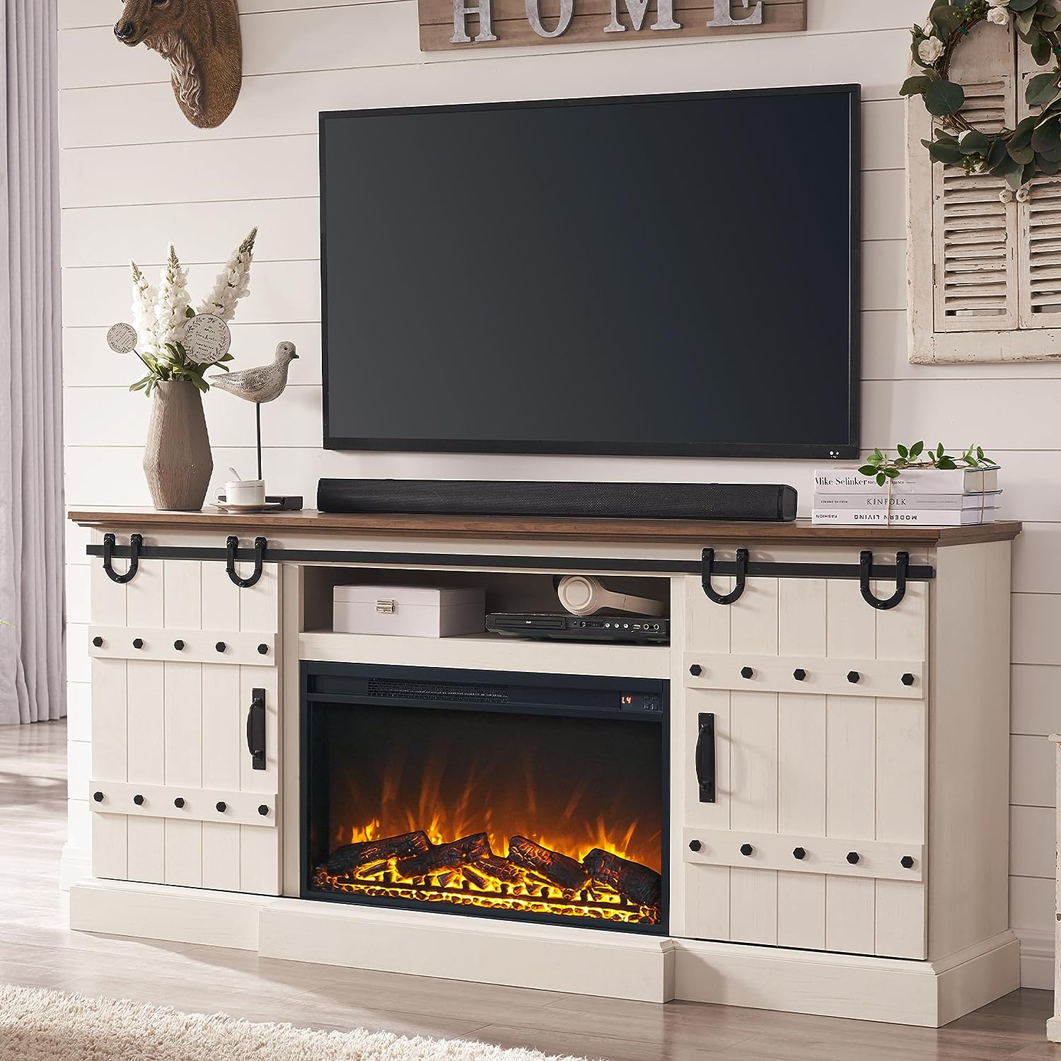 Cambridge Somerset 70In. White Electric Fireplace TV Stand with Multi