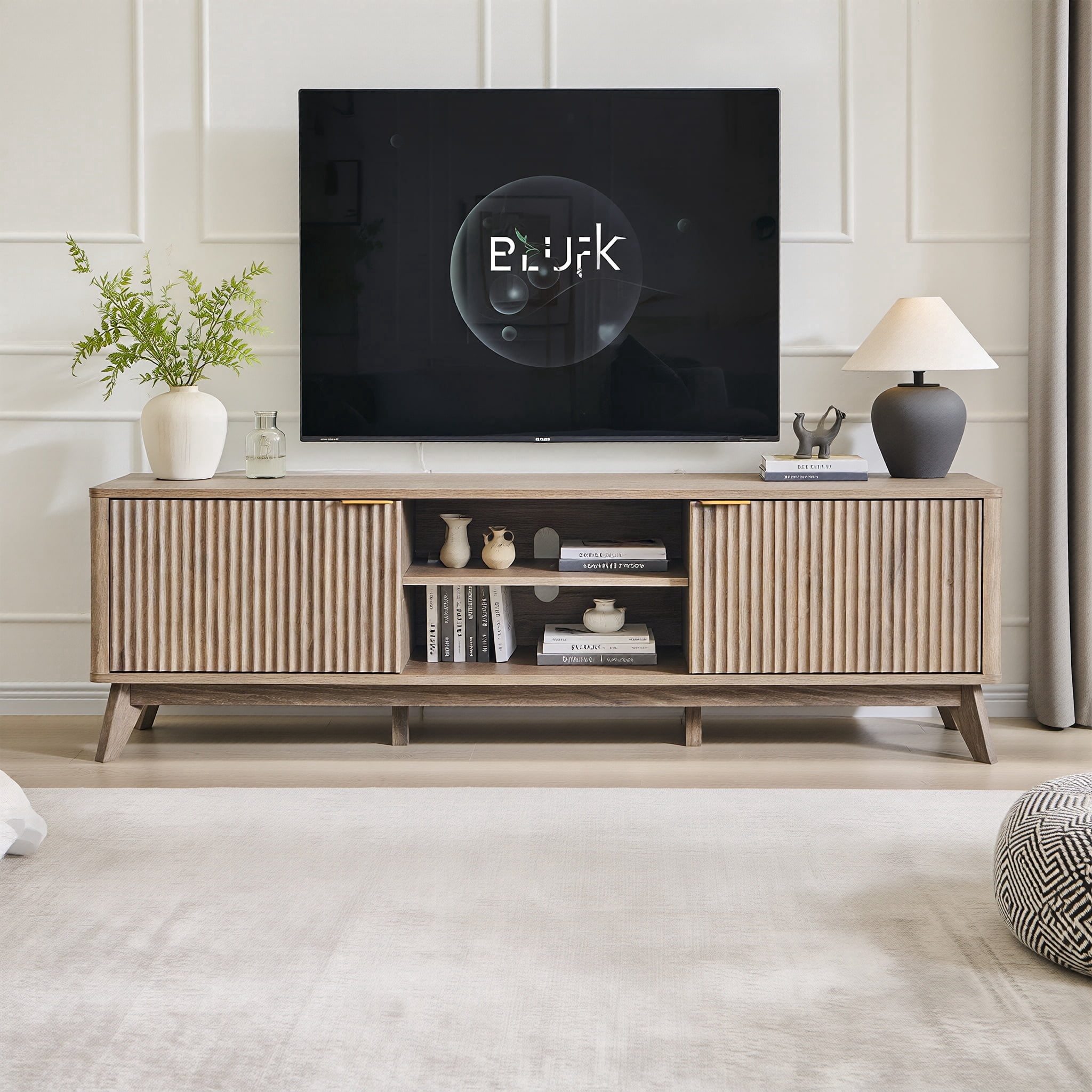 OKD 70" Modern Farmhouse TV Stand with 2 Soft Close Door, Fluted Entertainment Center Console Table, Media Furniture for Living Room, Alder Grey
