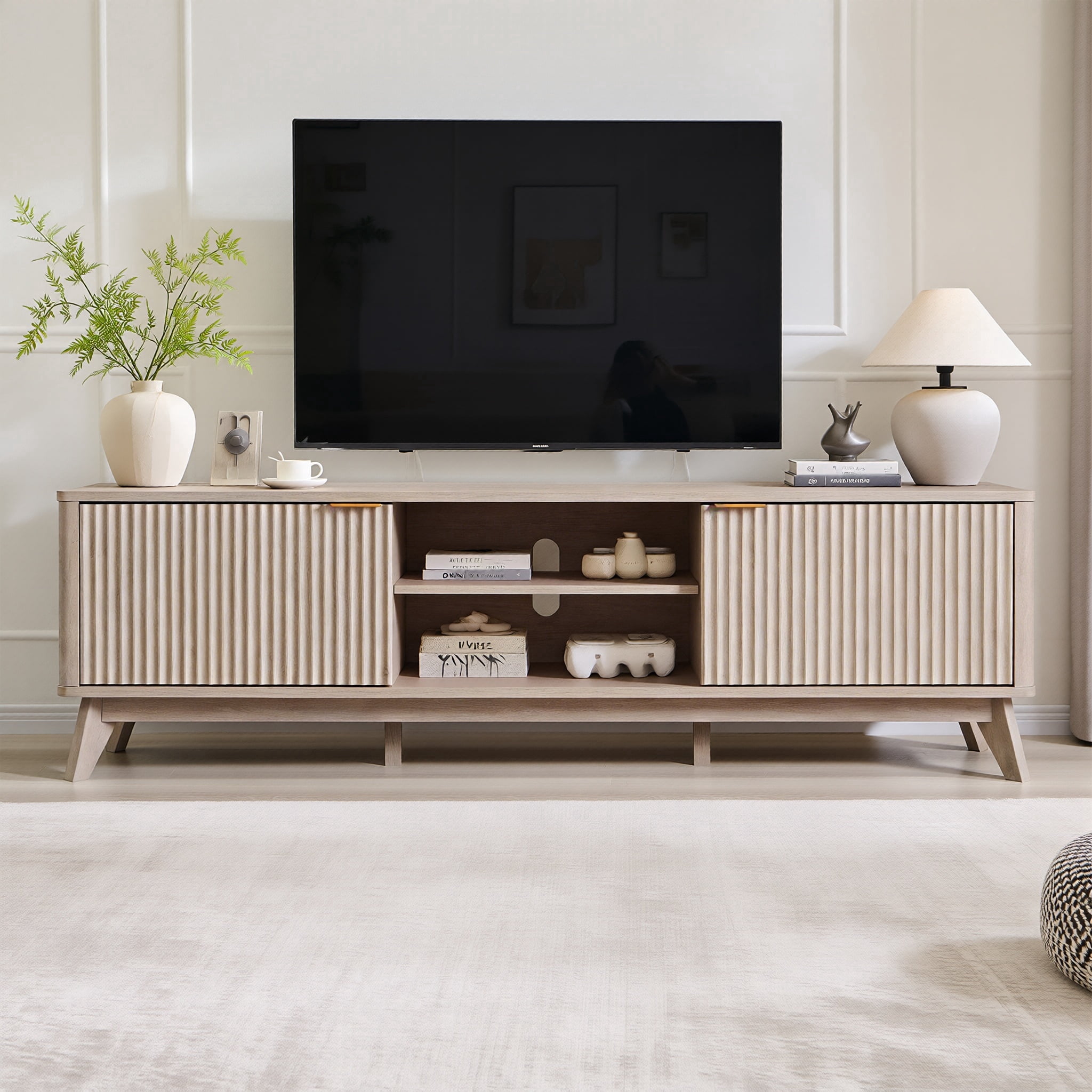 OKD 70" Modern Farmhouse TV Stand with 2 Soft Close Door, Fluted Entertainment Center Console Table, Media Furniture for Living Room, Alder White