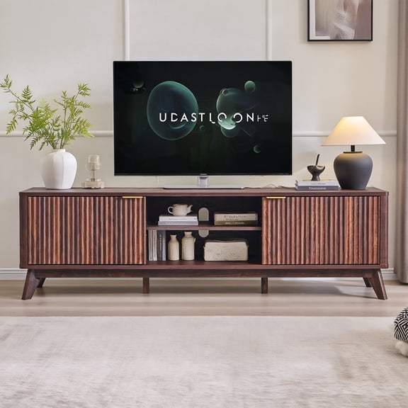 OKD 70" Modern Farmhouse TV Stand with 2 Soft Close Door, Fluted Entertainment Center Console Table, Media Furniture for Living Room, Dark Walnut