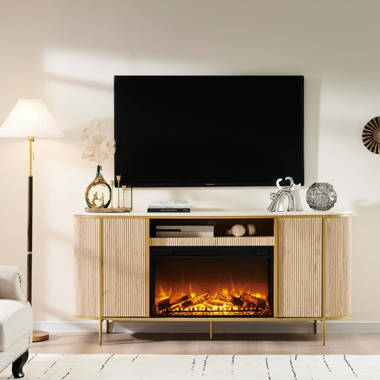 OKD Luxury Fireplace TV Stand for TVS Up to 80 Inches 70 Modern Fluted Entertainment Center with Electric Fireplace Media Console TV Stand for