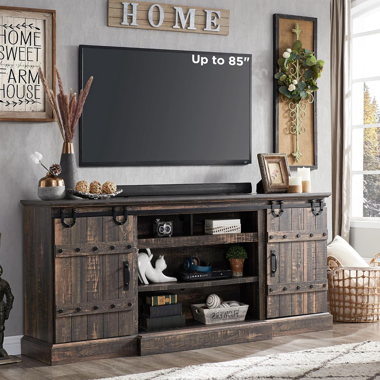 Dark Rustic Oak 75" Farmhouse TV Stand with Sliding Barn Doors