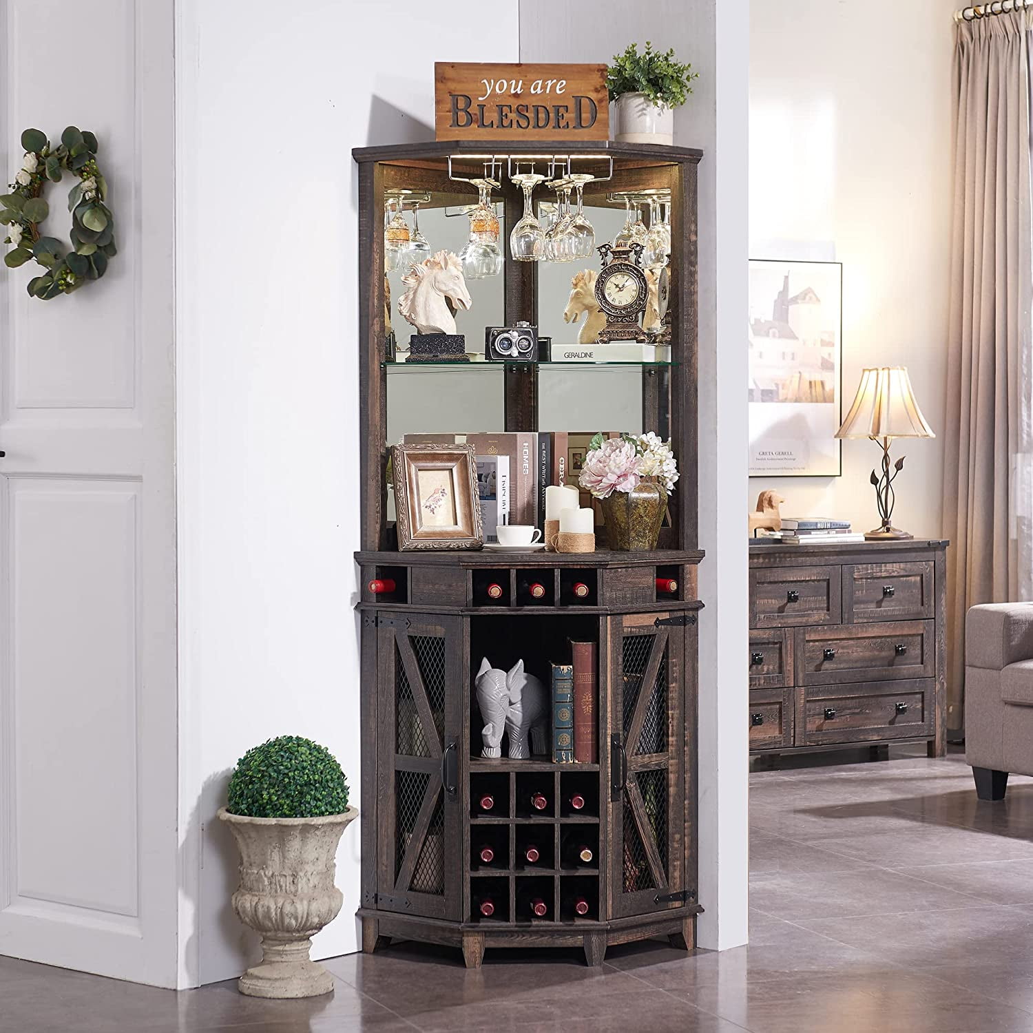 OKD Corner Tall Wine & Racks Buffet Rustic with Doors and Shelves for Dining Room