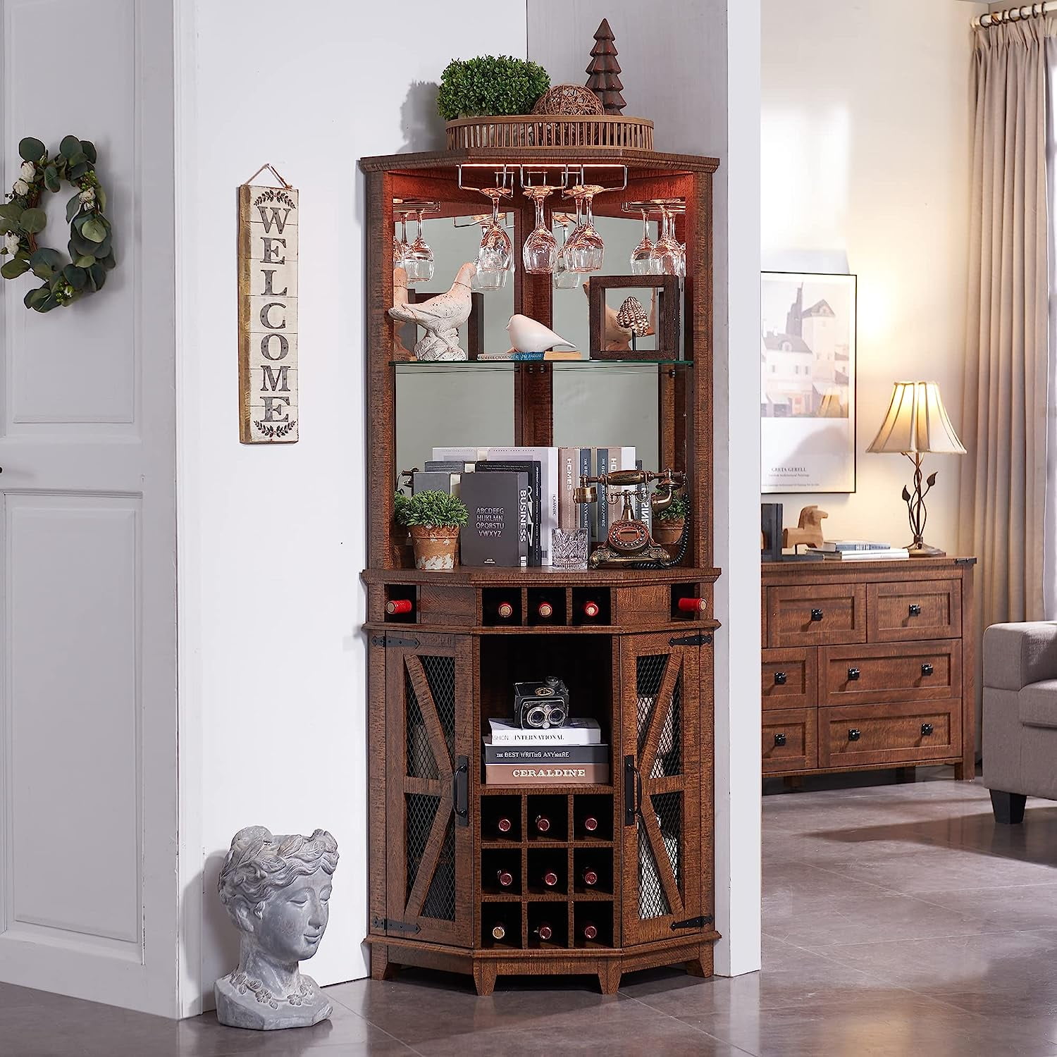 OKD Corner Wine Cabinet Racks Buffet Rustic with Doors and Shelves for Dining Room Kitchen Reclaimed Barnwood
