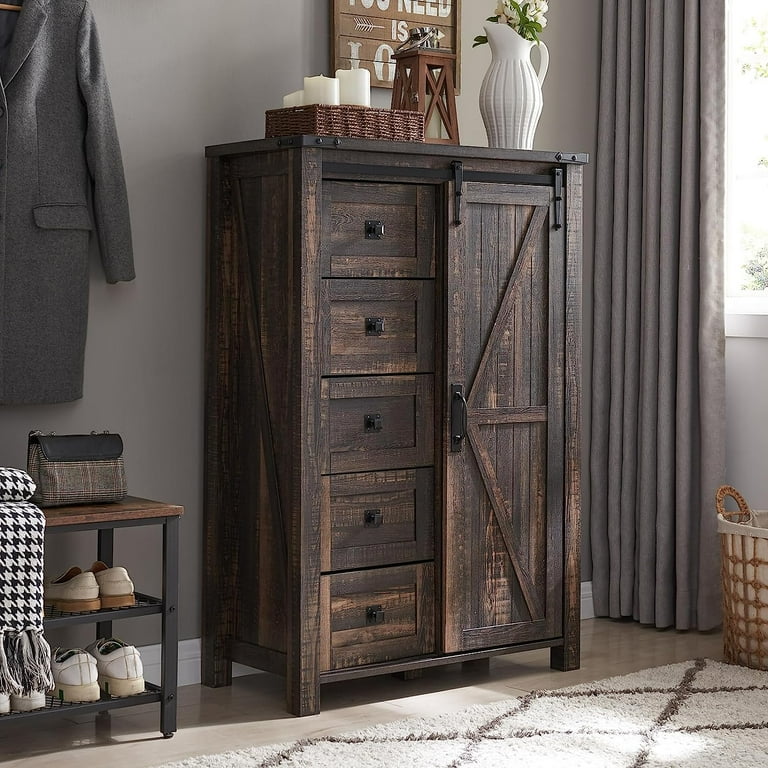 OKD Dressers with Sliding Barn Door for Bedroom Farmhouse 5 Drawers Chest Nursery Dresser Organizer Tall Dresser Chest of Drawers Dark Rustic Oak