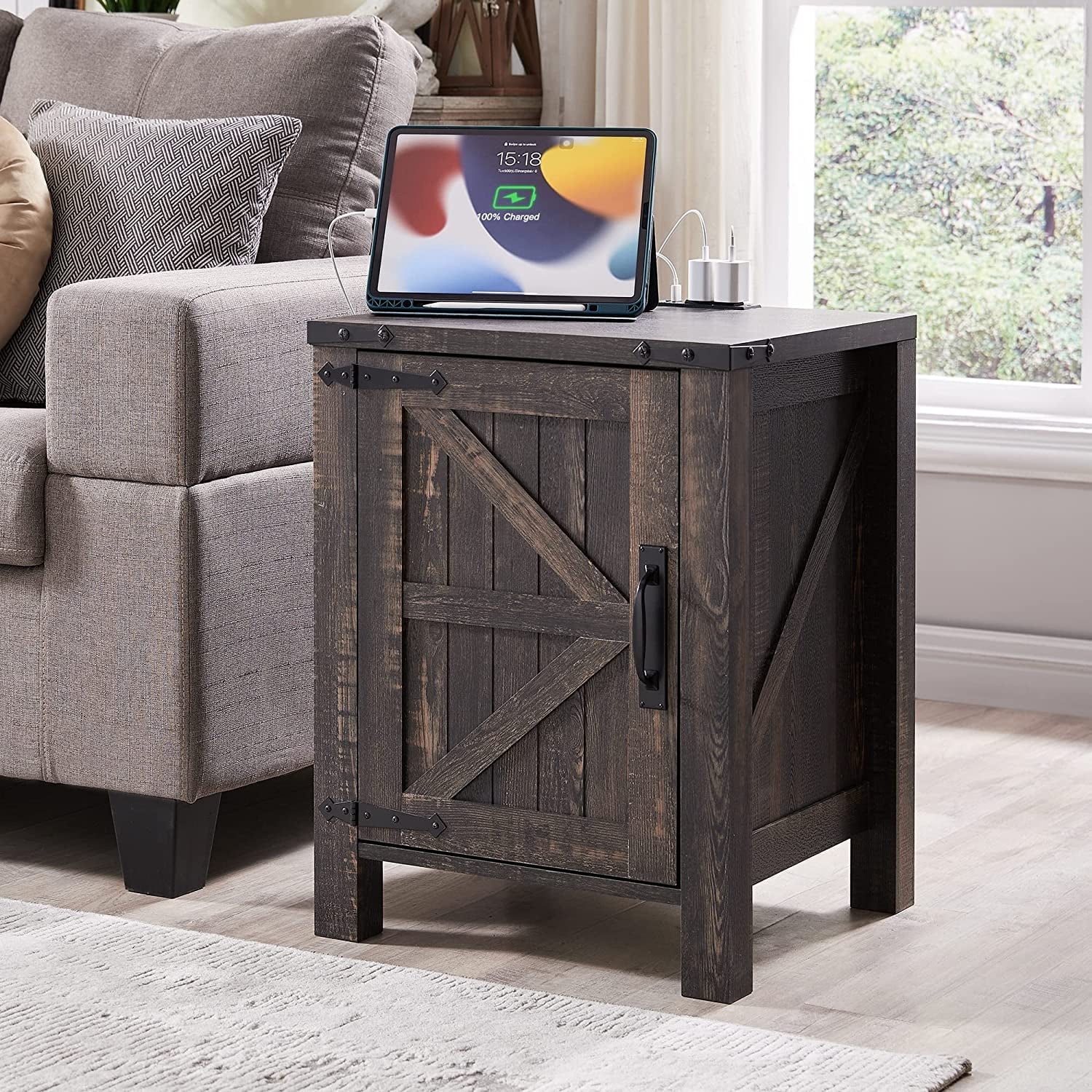 OKD End Table with Charging Station, Farmhouse Rustic Wood Side Table for Living Room, Bedroom, Dark Rustic Oak