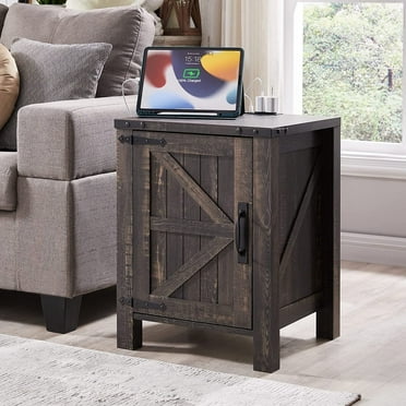 OKD End Table with Charging Station, Farmhouse Rustic Wood Side Table for Living Room, Bedroom, Dark Rustic Oak