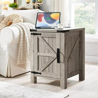 OKD End Table with Charging Station, Farmhouse Rustic Wood Side Table for Living Room, Bedroom, Light Rustic Oak