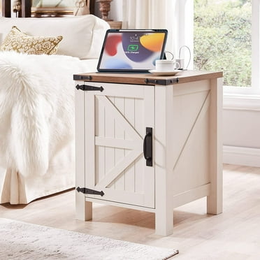 OKD End Table with Charging Station and Barn Door, Farmhouse Rustic Wood Sofa Side Table for Living Room, Bedroom, Antique White
