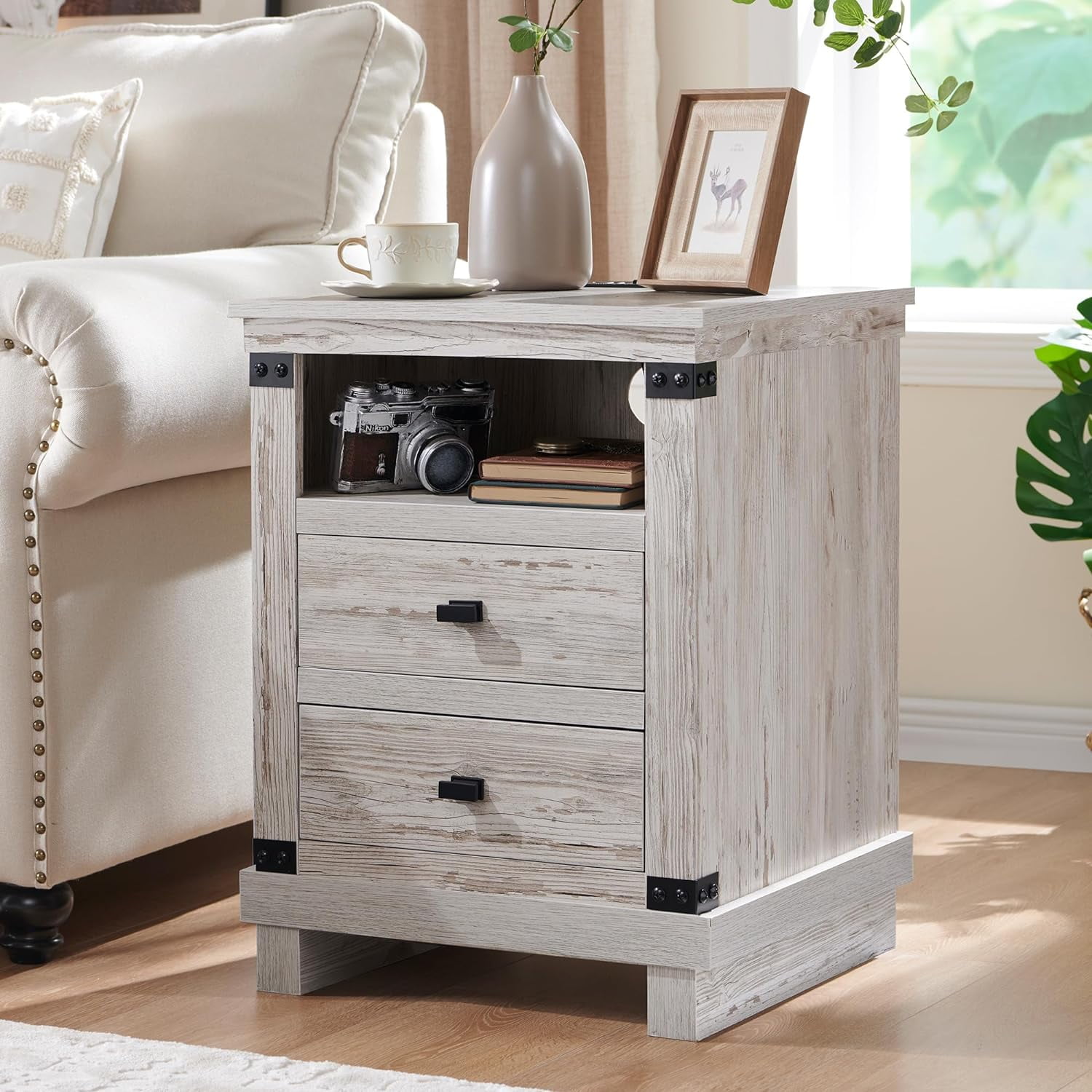 OKD Farmhouse 18" Nightstand with Charging Station, Rustic Metal Wood End Tables with Adjustable Shelves, Side Tables，Antique Brush White