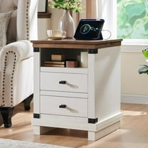 OKD Farmhouse 18" Nightstand with Charging Station, Rustic Metal Wood End Tables with Adjustable Shelves, Side Tables，Antique White