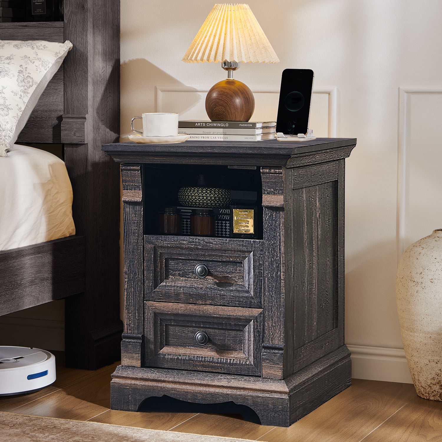 KeyWhat Farmhouse 2-Drawer Nightstand with Charging Station, 18" Wooden End Table for Bedroom, Living Room, Dark Rustic Oak