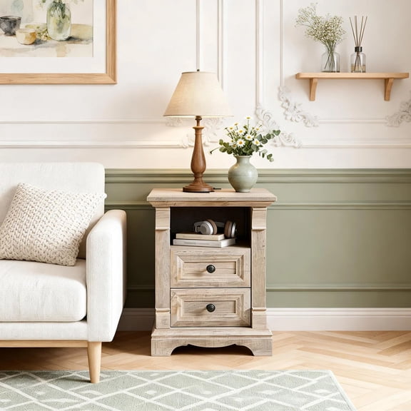 OKD Farmhouse 2-Drawer Nightstand with Charging Station, 18" Wooden End Table for Bedroom, Living Room, Light Rustic Oak