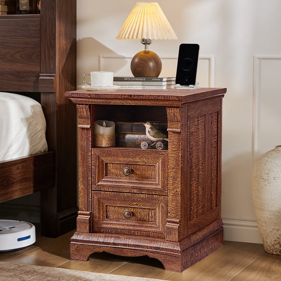 KeyWhat Farmhouse 2-Drawer Nightstand with Charging Station, 18" Wooden End Table for Bedroom, Living Room, Reclaimed Barnwood