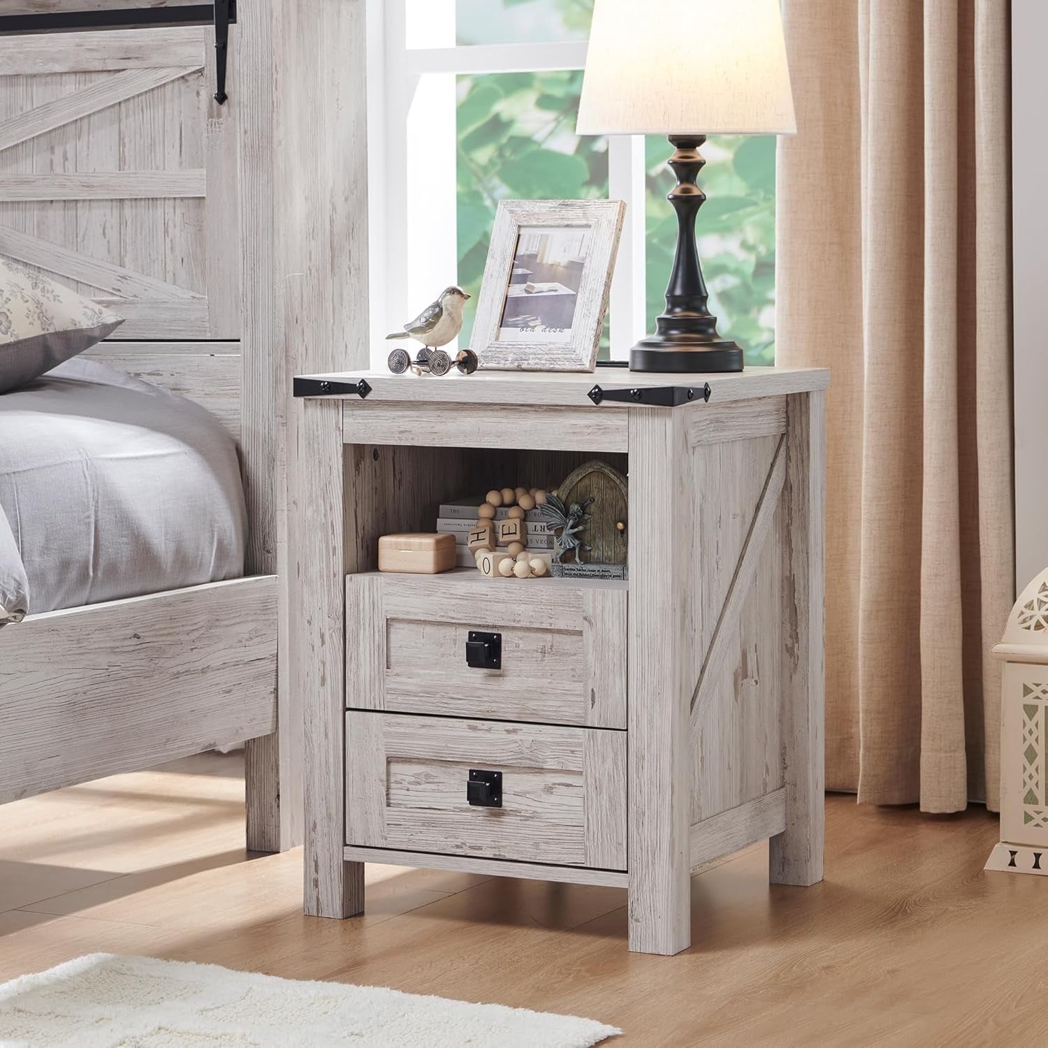 OKD Farmhouse Nightstand with Charging Station for Bedroom, 2-Drawer Rustic End Tables for Living Room, Antique Brush White