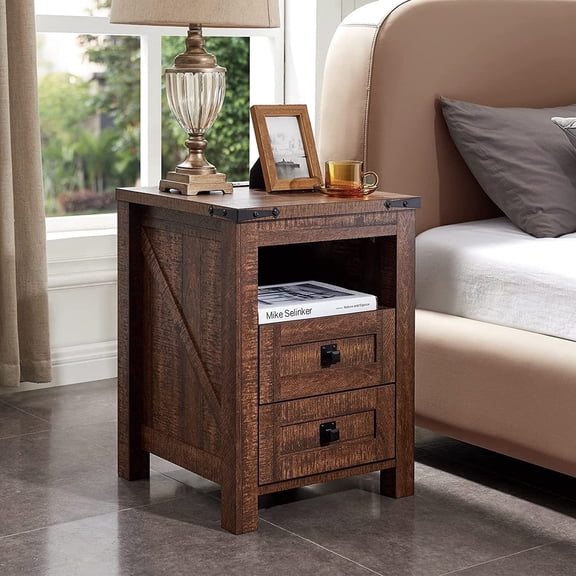 OKD Farmhouse Nightstand with Charging Station for Bedroom, 2-Drawer Rustic End Tables for Living Room, Reclaimed Brown