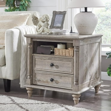 OKD Wood Nightstand with Charging Station for Bedroom, Farmhouse End Side Table with 2 Drawers for Living Room, Tall Rustic Wood Square Nightstand for Living Room, Bedroom, Office, Light Rustic Oak