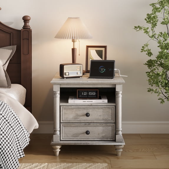 OKD Farmhouse Nightstand, 3 Drawer Wood Side Table with Charging Station for Bedroom, Living Room, Light Rustic Oak