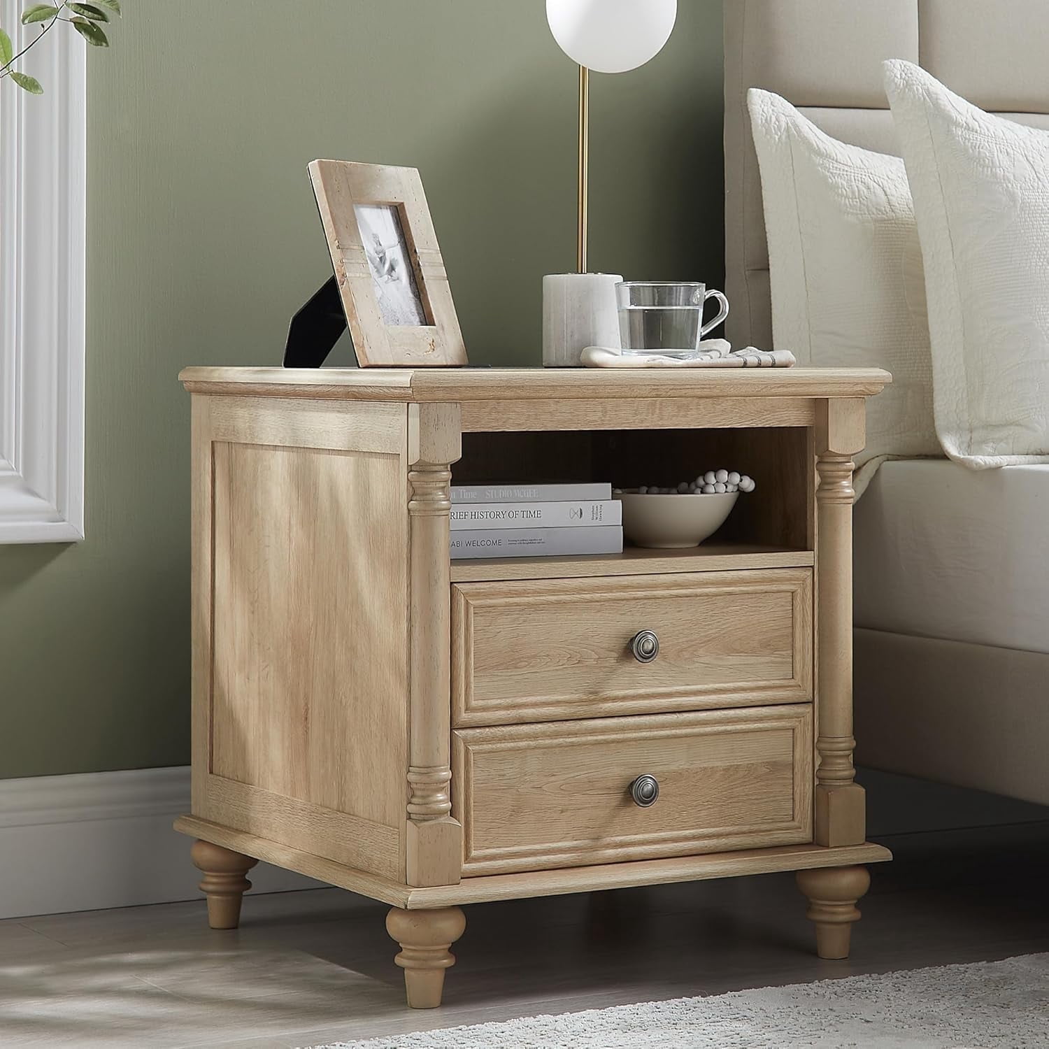 OKD Wood Nightstand with Charging Station for Bedroom, Farmhouse End Side Table with 2 Drawers for Living Room, Natural Oak