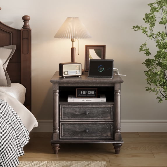 OKD Farmhouse Nightstand, 3 Drawer Wood Side Table with Charging Station for Bedroom, Living Room, Dark Rustic Oak